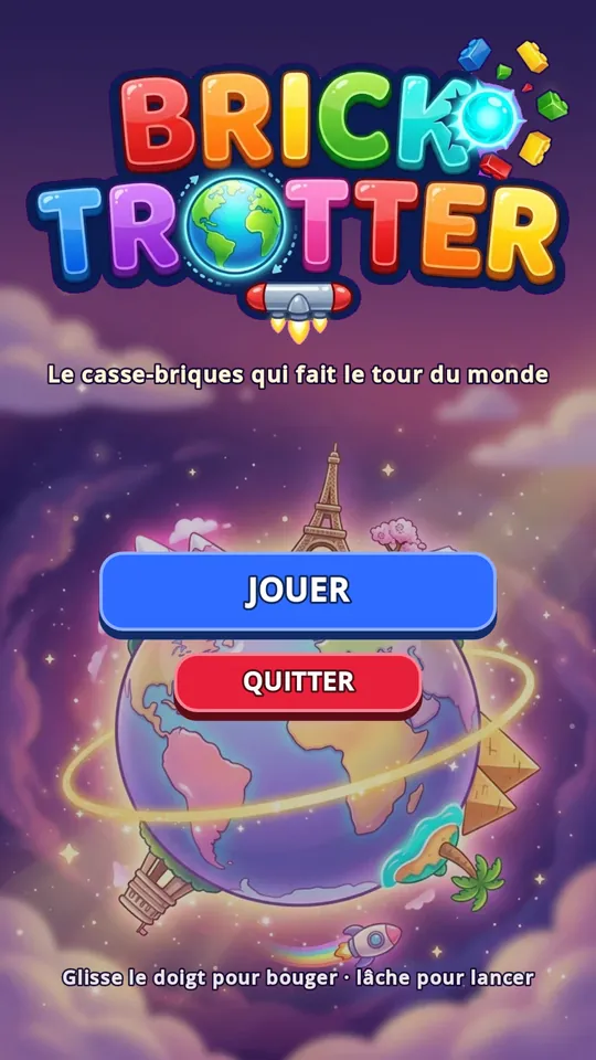 Pantalla de inicio de Brick Trotter con el globo terráqueo