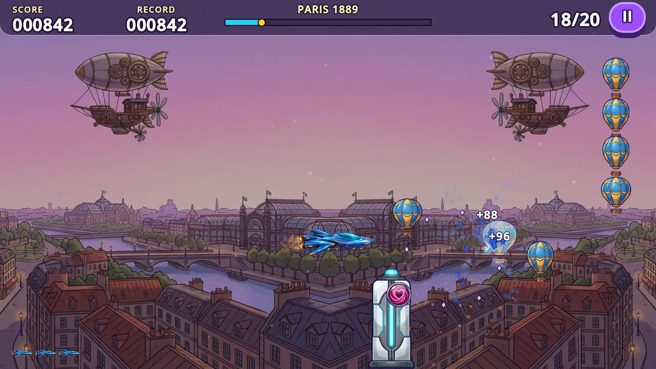 Le vaisseau dans le Paris de 1889 avec des dirigeables