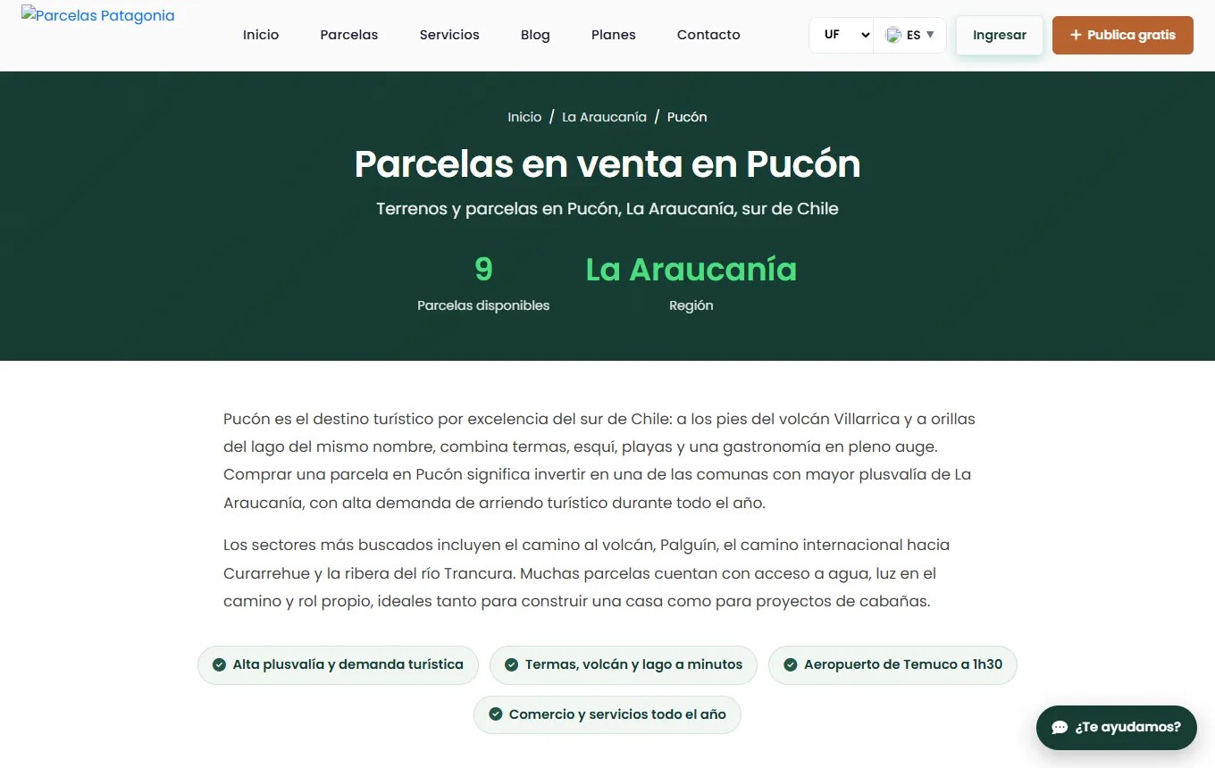 Página de parcelas en Pucón