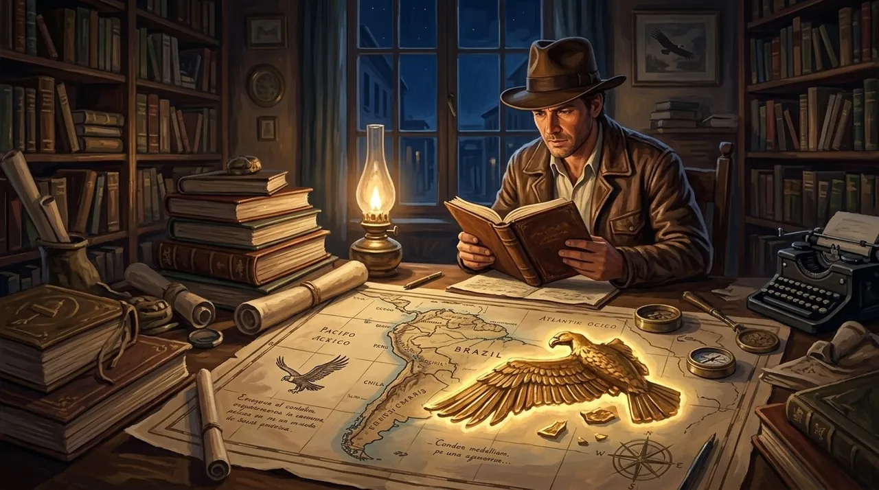 Tomás studies the map and the Condor medallion