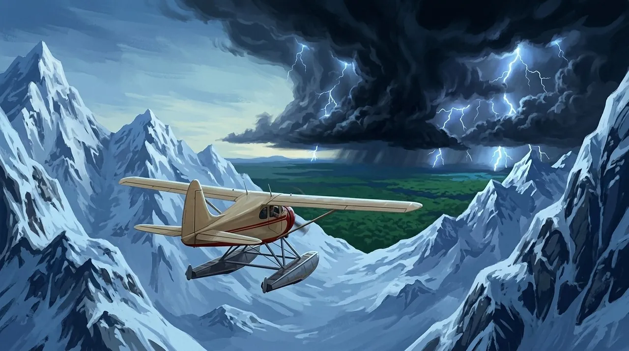 The seaplane flies into the storm over the Andes