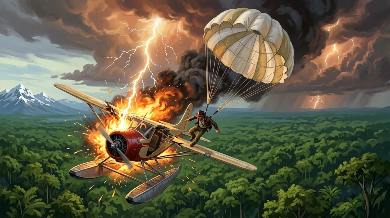 The burning plane and Tomás under his parachute