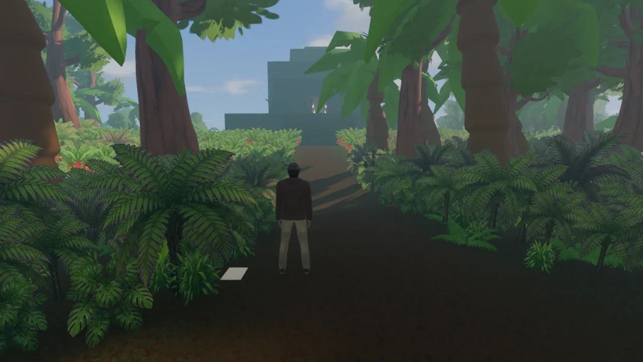 Jungle trail with the Temple of the Jaguar in the distance