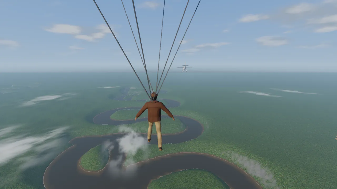Tomás under his parachute above the river bends