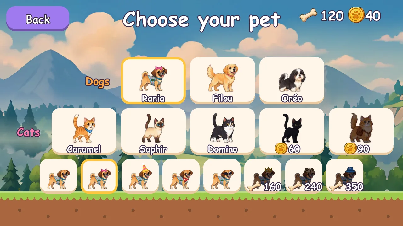 Screen to choose a dog or a cat and accessories