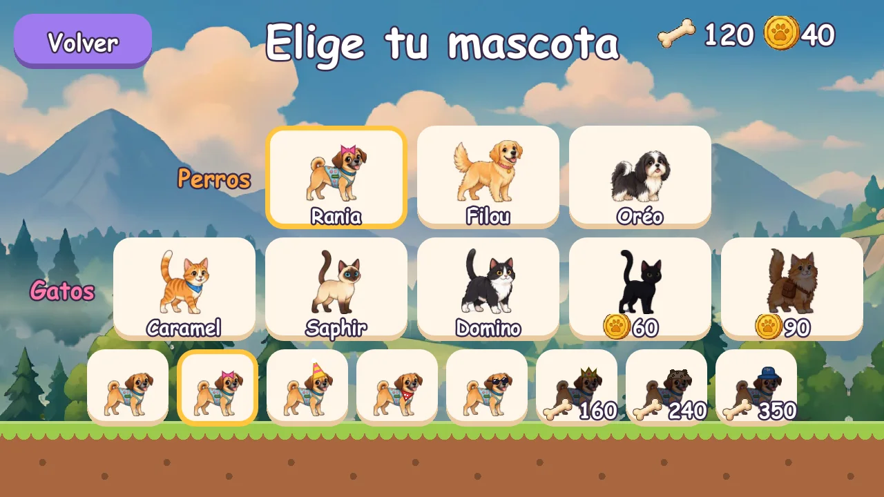Pantalla para elegir perro o gato y accesorios