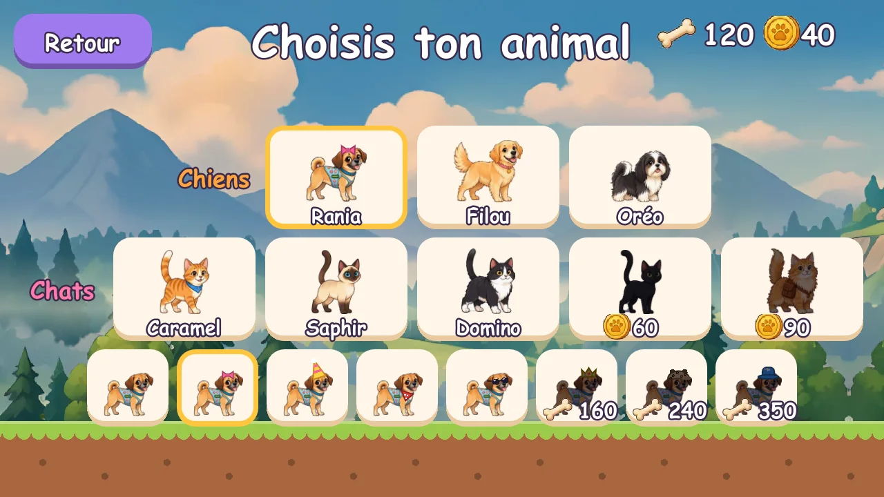 Écran pour choisir un chien ou un chat et des accessoires