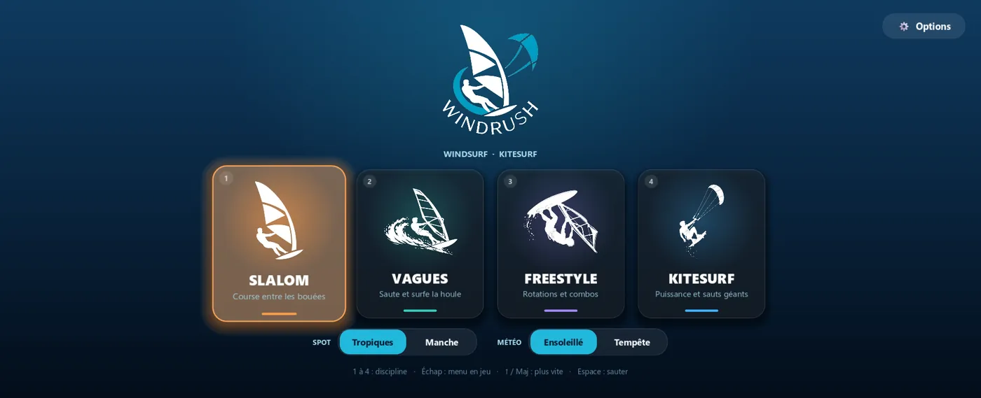 WindRush menu with the four disciplines
