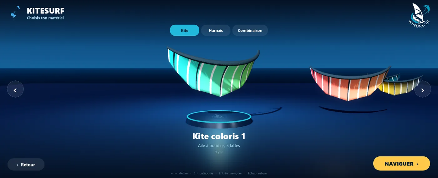 Kitesurf kite selection in WindRush