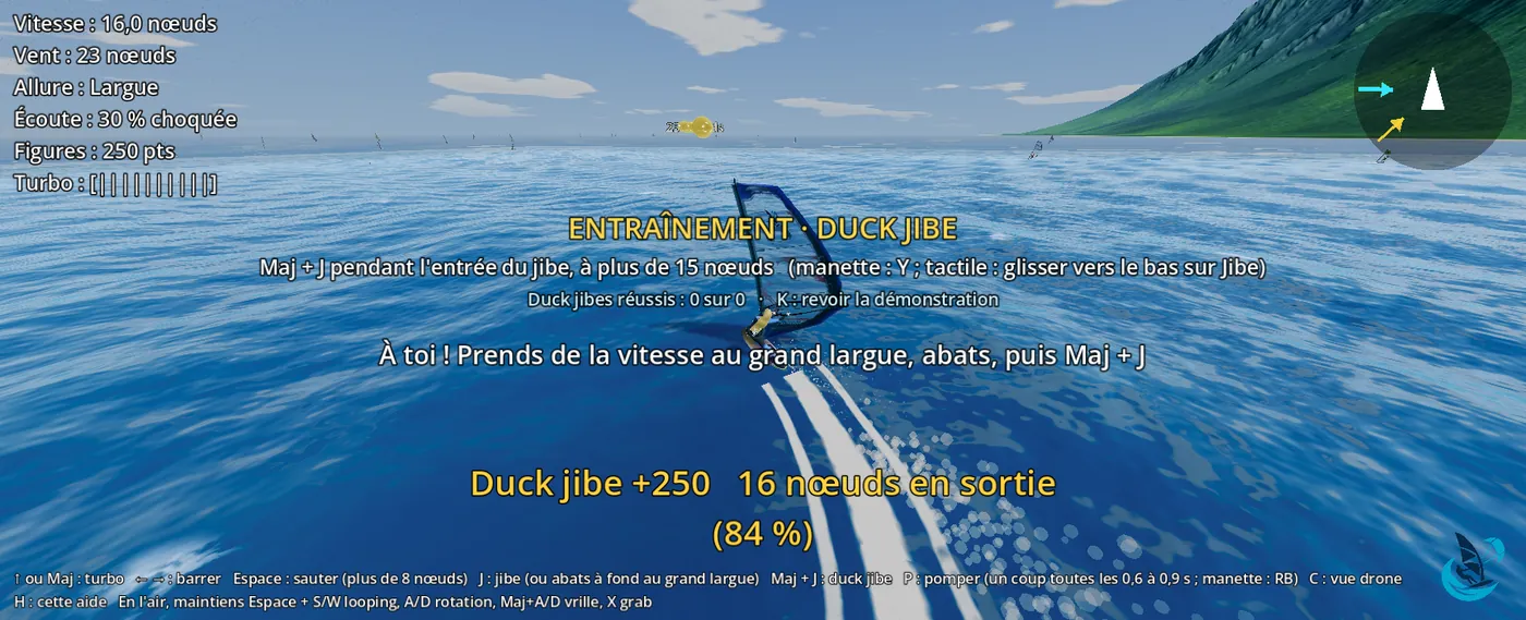 Mode entraînement de WindRush : démonstration du duck jibe
