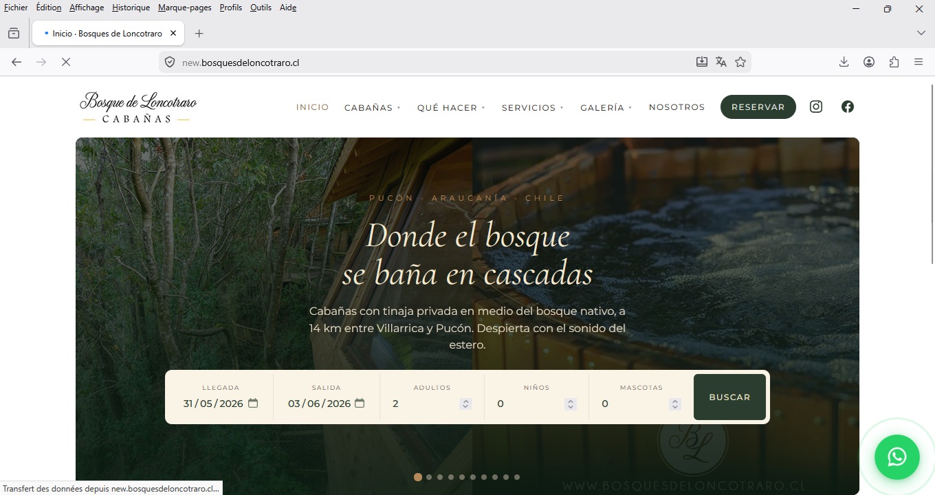 Sitio web Bosques de Loncotraro — Cabañas con tinaja privada entre Villarrica y Pucón, con reserva automática multi-cabañas, calendario sincronizado y pago en línea, desarrollado por Jérôme Stéphan