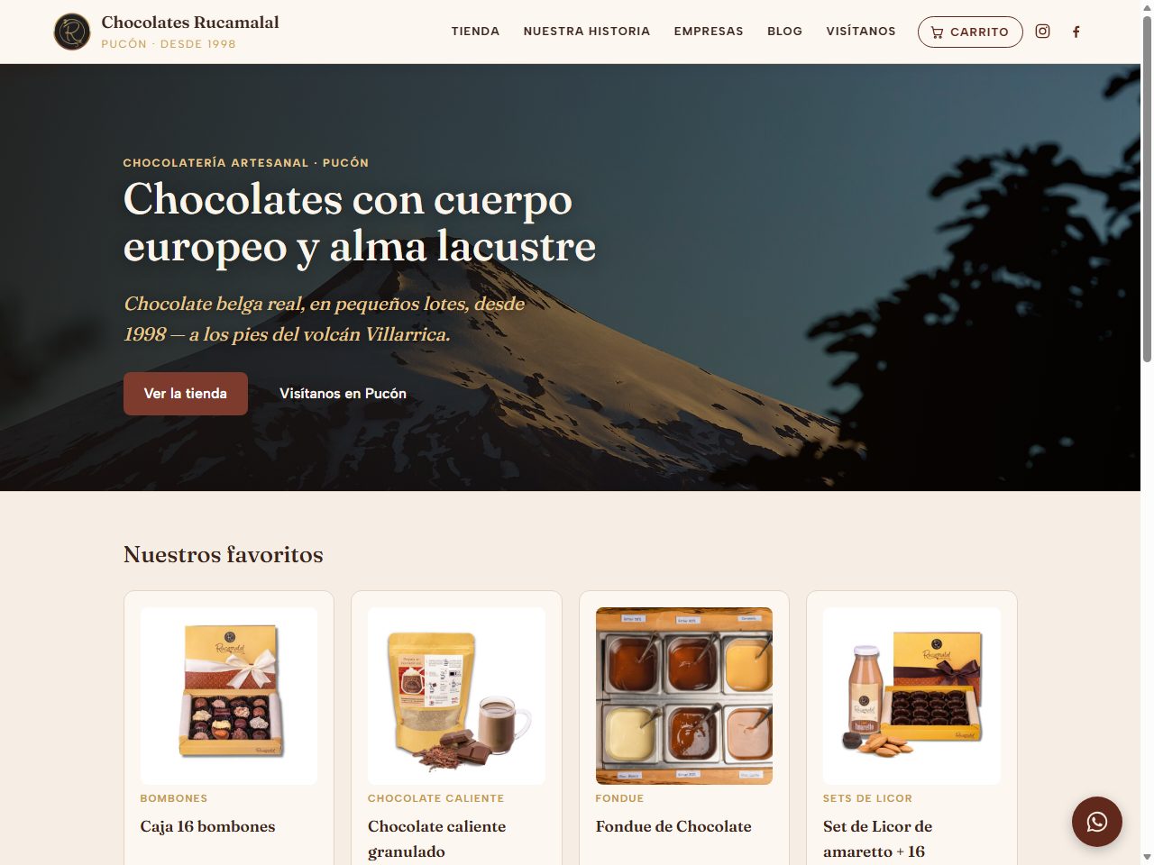 Sitio web Chocolates Rucamalal — Tienda online de la chocolatería artesanal de Pucón, chocolate belga desde 1998, desarrollada por Jérôme Stéphan