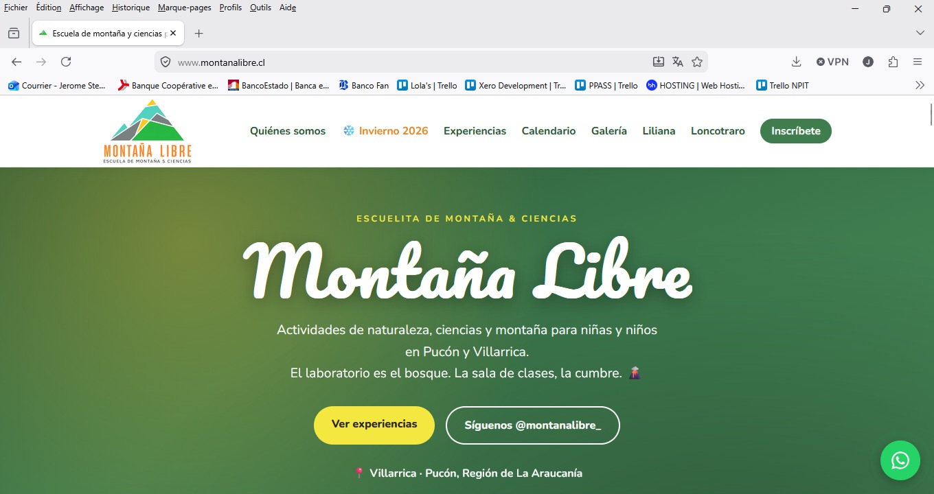 Sitio web Montaña Libre — Escuela de montaña y ciencias para niños en Villarrica y Pucón: naturaleza, astronomía y ecoturismo, desarrollado por Jérôme Stéphan