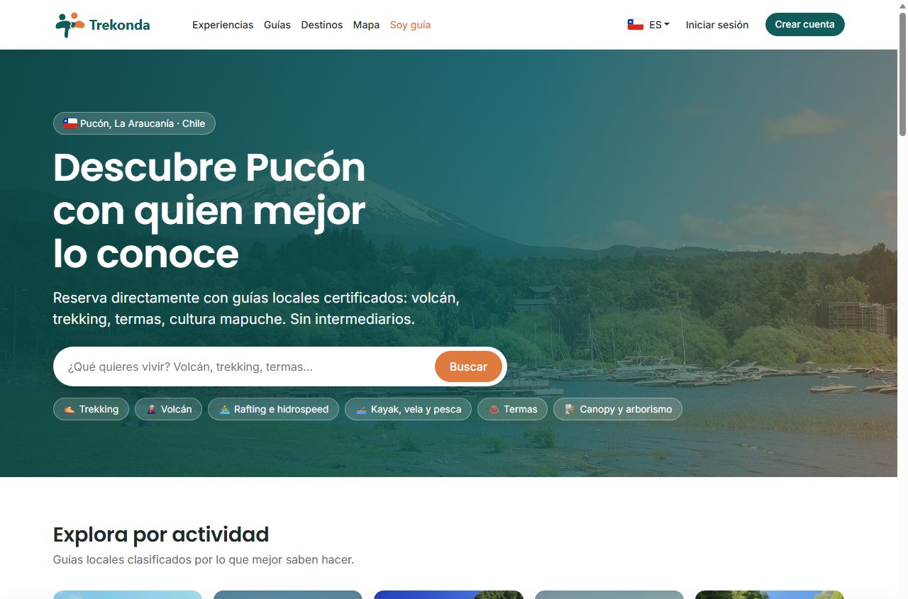Trekonda — Plataforma de reservas con guías locales certificados en Pucón: volcán, trekking, termas y cultura mapuche, desarrollada por Jérôme Stéphan