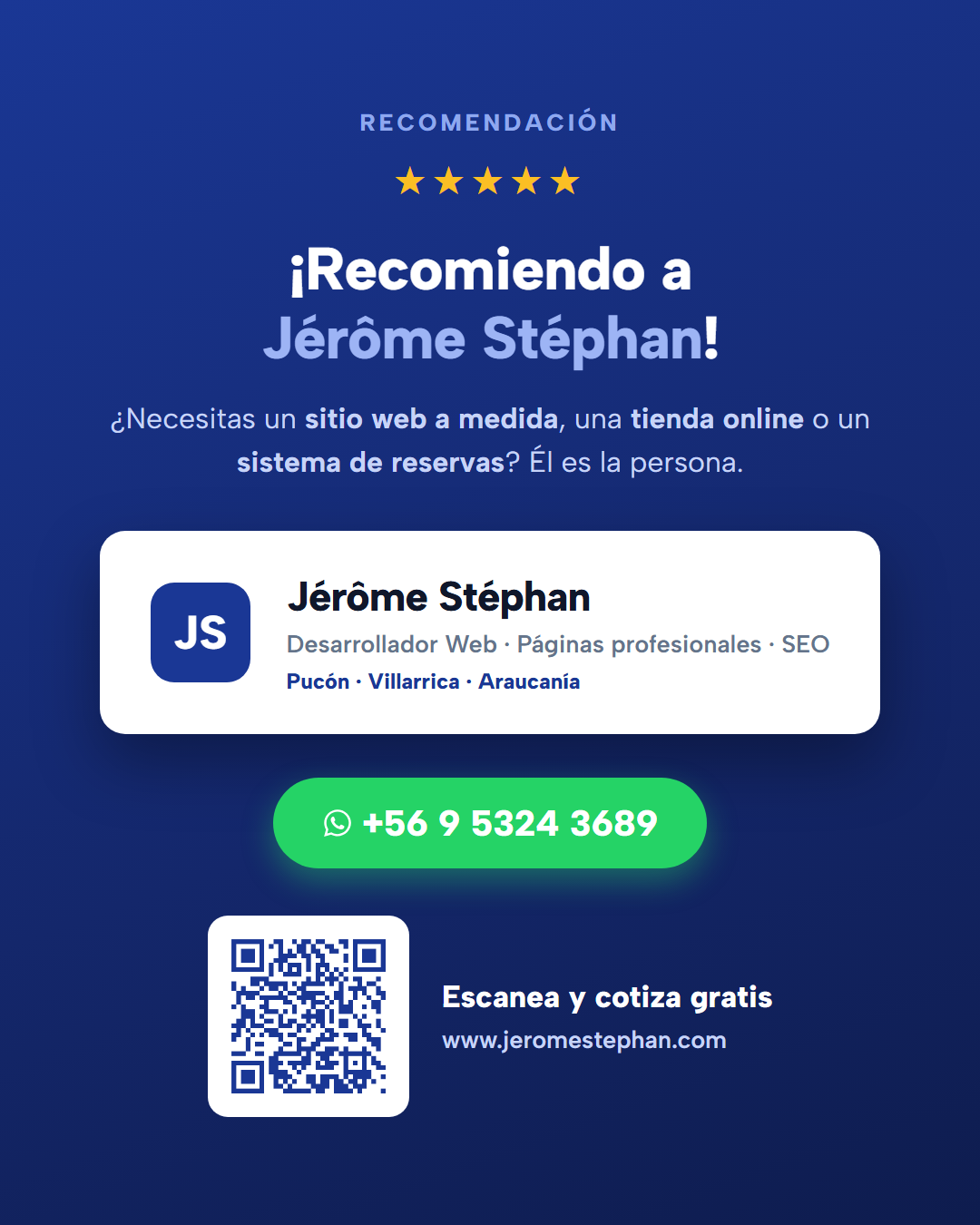 Tarjeta de recomendación de Jérôme Stéphan, desarrollador web en Pucón